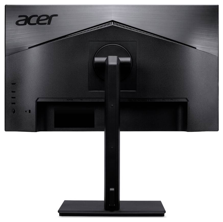 Zadní pohled na černý počítačový monitor značky Acer, zobrazující stojan a porty na levé straně, s logem Acer v levém horním rohu.