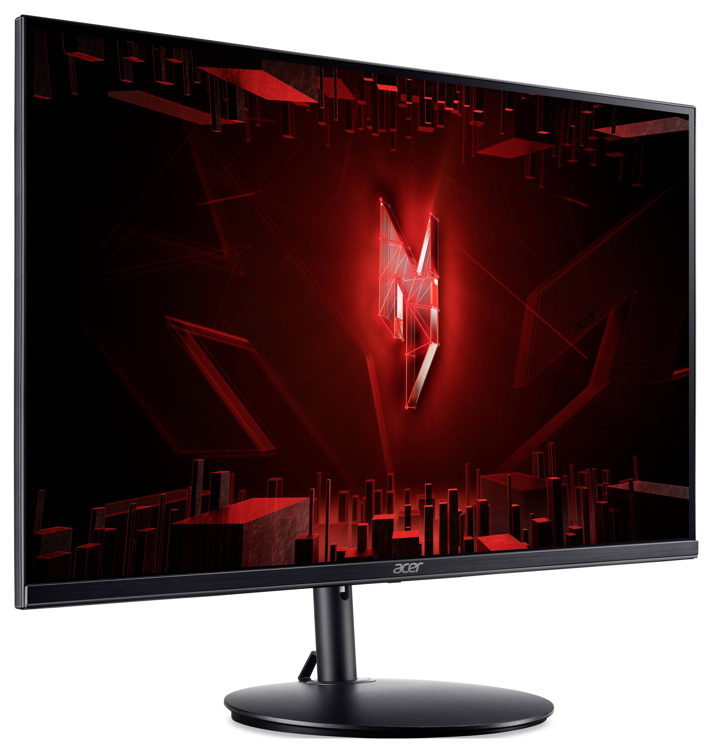 Elegantní monitor Acer zobrazující abstraktní červené grafiky s ostrými úhly na převážně černé obrazovce.