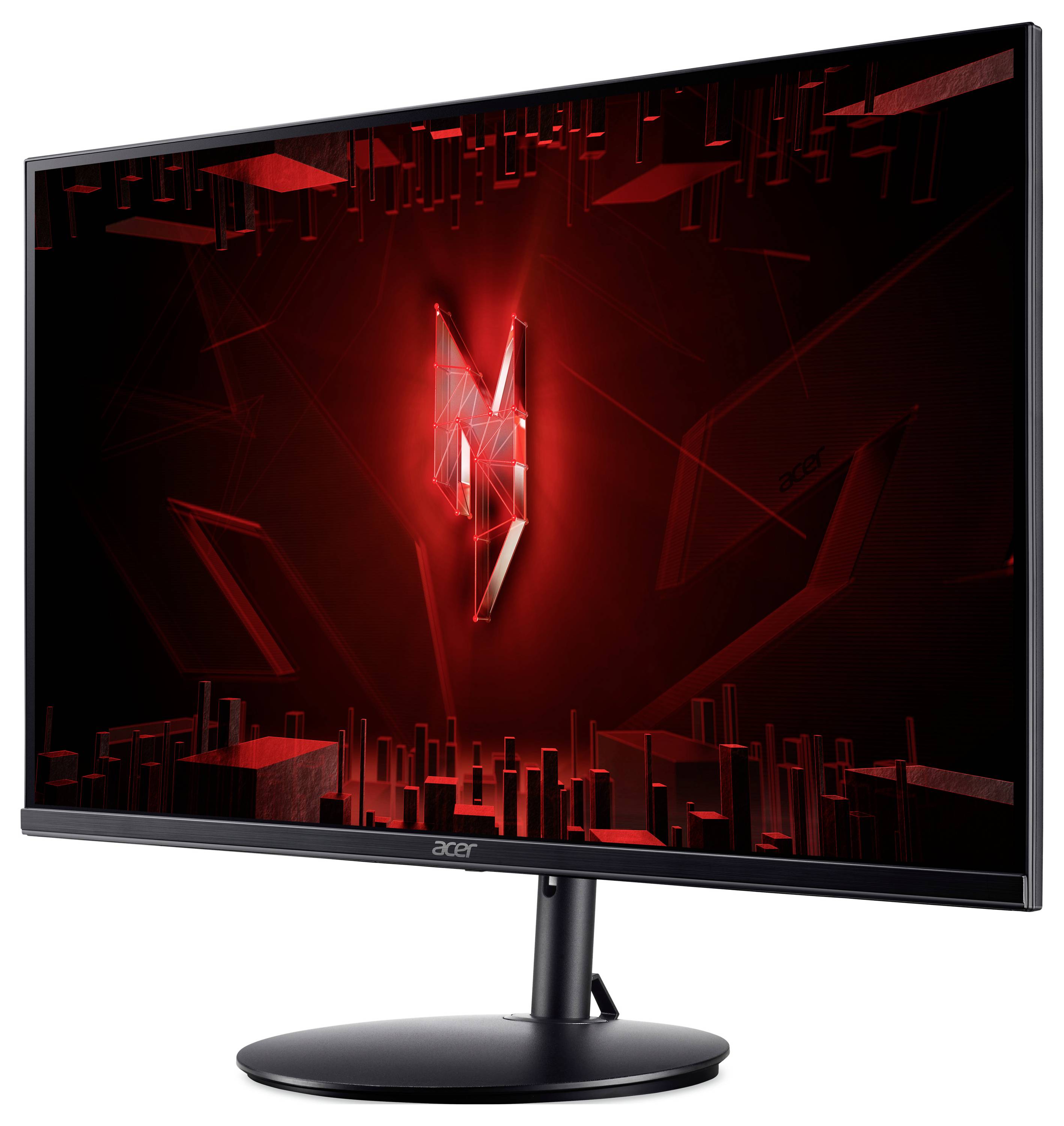 Herní monitor Acer zobrazující červeno-černý geometrický design na obrazovce, s logem Predator uprostřed.