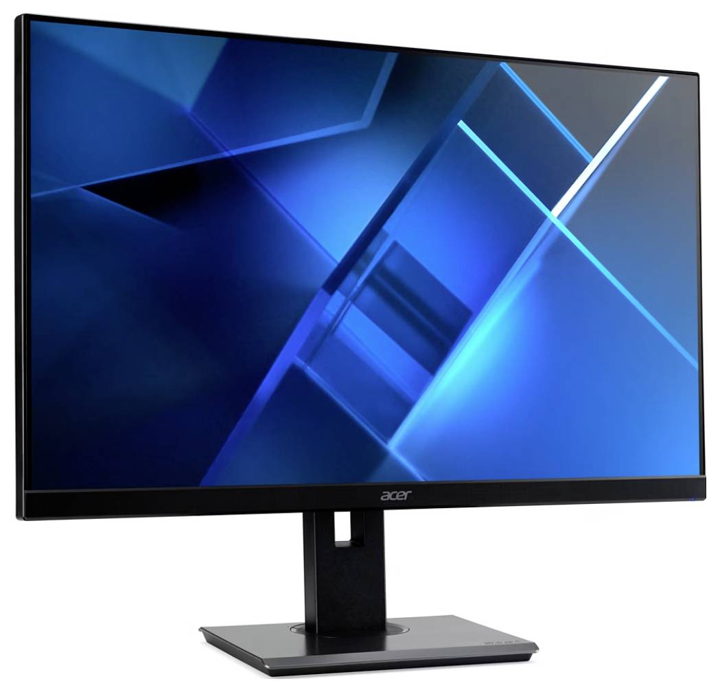 Elegantní počítačový monitor Acer s tenkým černým rámečkem zobrazuje geometrický modrý abstraktní design. Obrazovka je mírně natočená doleva.