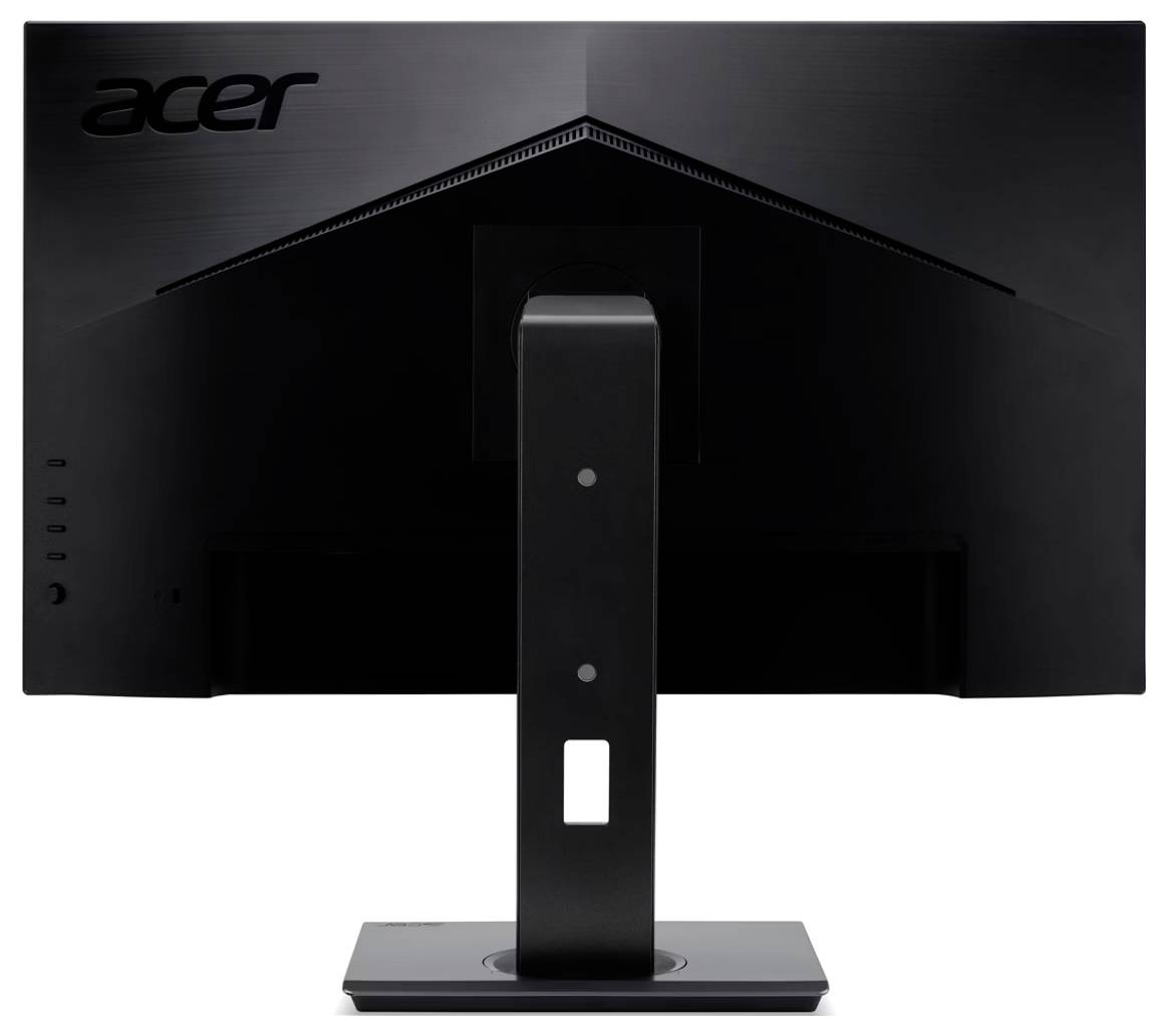 Pohled zezadu na černý monitor Acer s úhlovou strukturou, zobrazující jeho stojan a podstavec, s logem Acer v levém horním rohu.