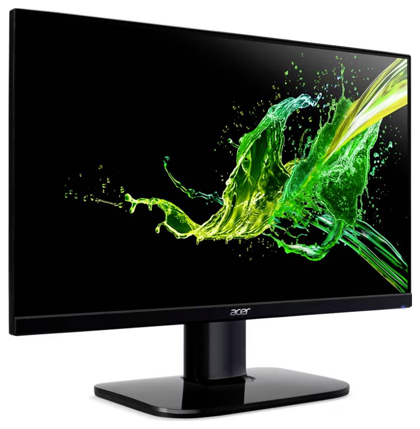 Elegantní černý počítačový monitor zobrazující živý rozstřik zelené a žluté barvy na obrazovce, s logem Acer na spodní liště.