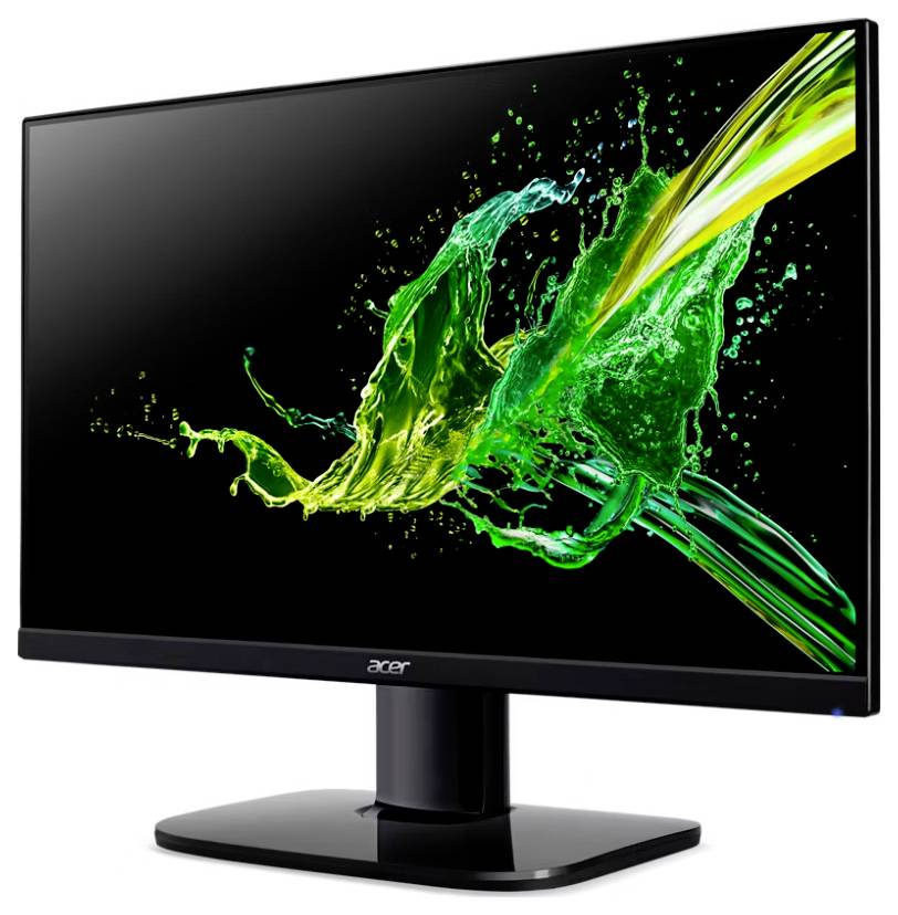 Monitor Acer zobrazující abstraktní zelené a žluté barevné rozstříknutí na černém pozadí, s úzkým rámečkem a pevným černým stojanem.