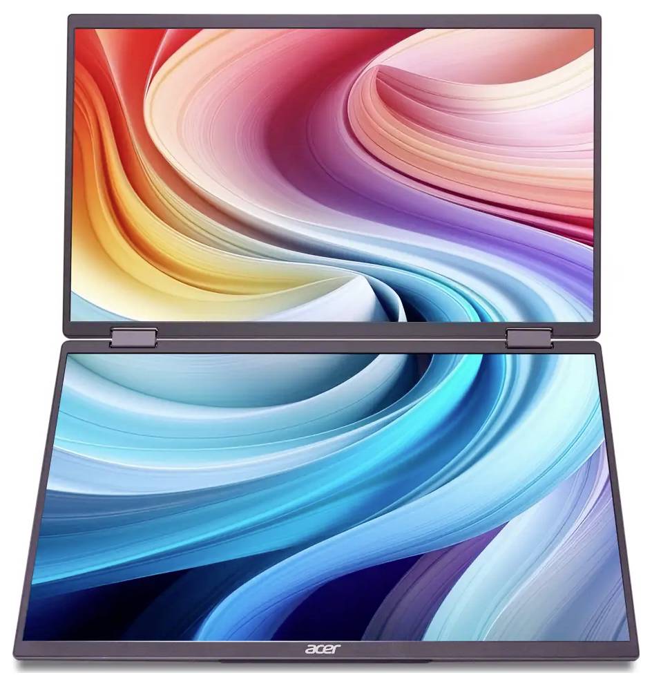 Notebook se dvěma obrazovkami s živými, vícebarevnými spirálovitými designovými prvky na obou displejích, který předvádí inovativní technologii pro multitasking.