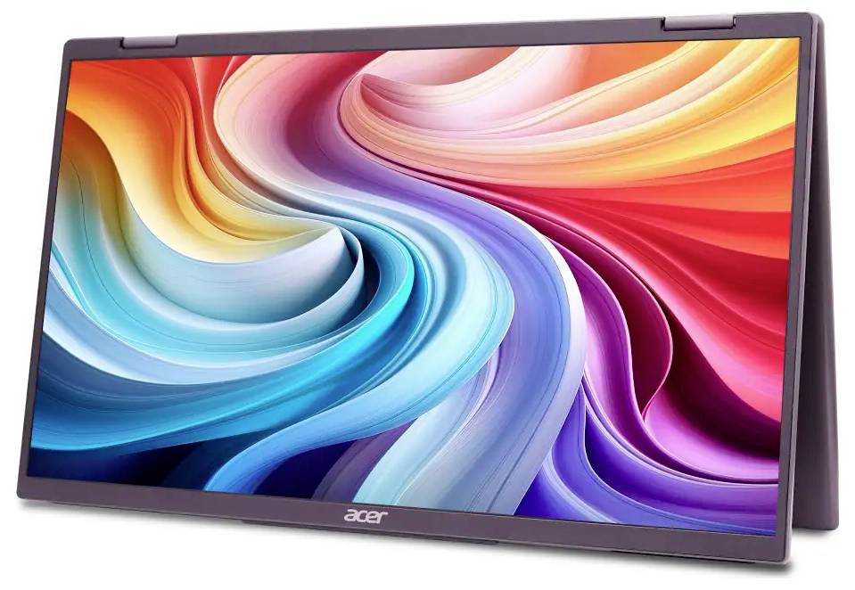 Štíhlý notebook Acer zobrazující živý, spirálovitý abstraktní design s jasně barevnými vlnami v odstínech červené, oranžové, žluté, modré a fialové.