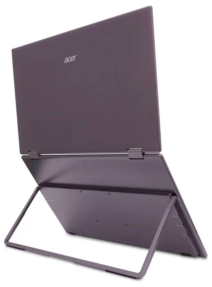 Fialový notebook Acer je otevřený a umístěný na stojanu, pohled zezadu.
