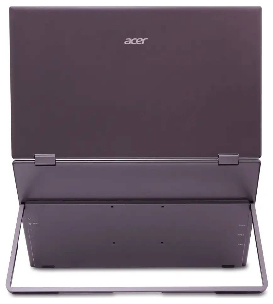 Laptop Acer otevřený zezadu, zobrazující víko obrazovky a zadní design.