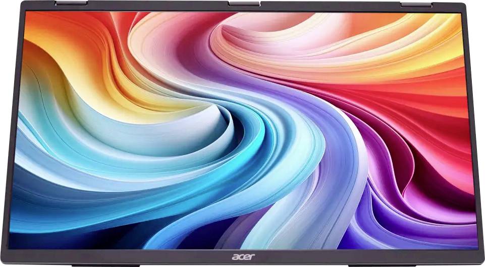 Živý vír duhovitých barev na monitoru s logem 'acer' v dolní části. Barvy se hladce prolínají z teplých do studených tónů.