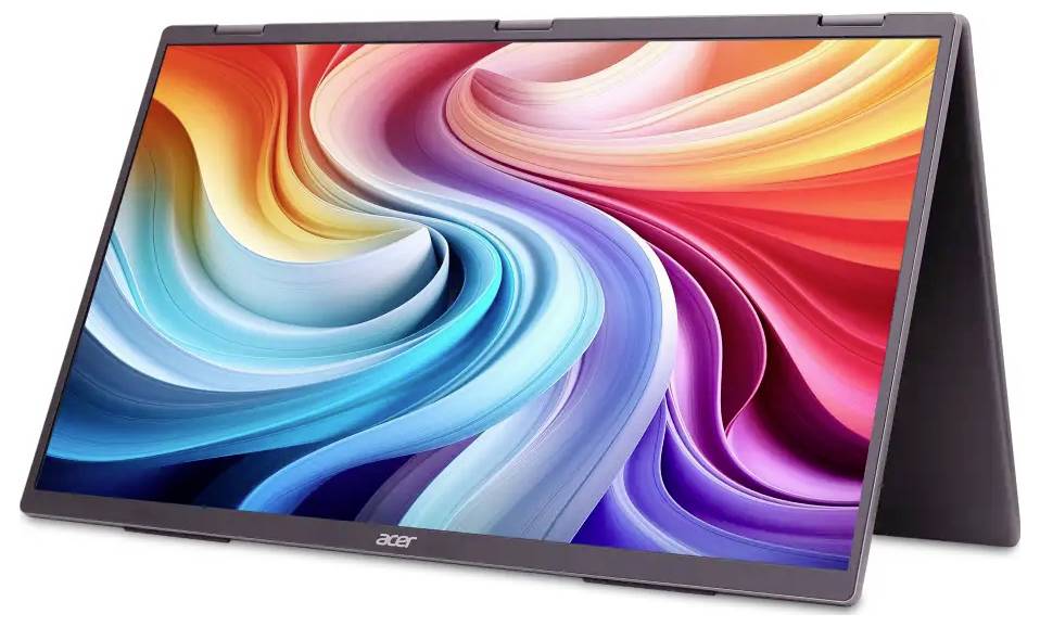 Konvertibilní notebook Acer v módu stanu zobrazuje živoucí, abstraktní spirálu barev na obrazovce, čímž předvádí svou flexibilitu a zářivý displej.