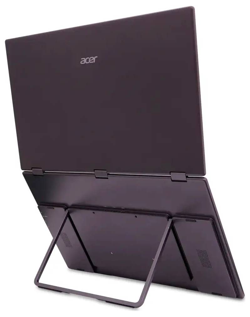 Notebook Acer s odnímatelnou obrazovkou, podporovaný stojánkem, pohled zezadu.