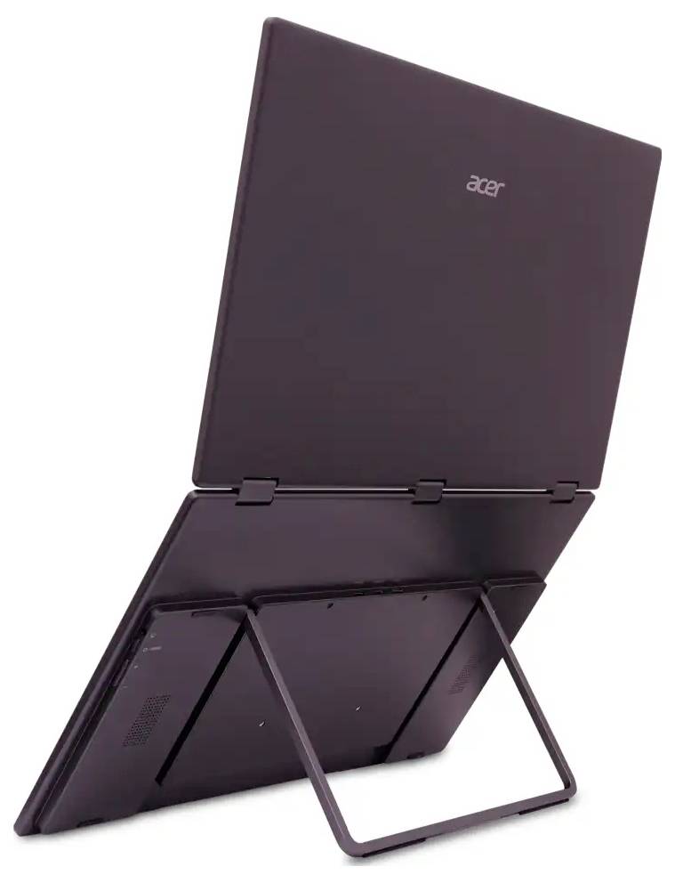 Pohled zezadu na hnědý notebook Acer s otevřeným displejem podepřeným vestavěným stojánkem.