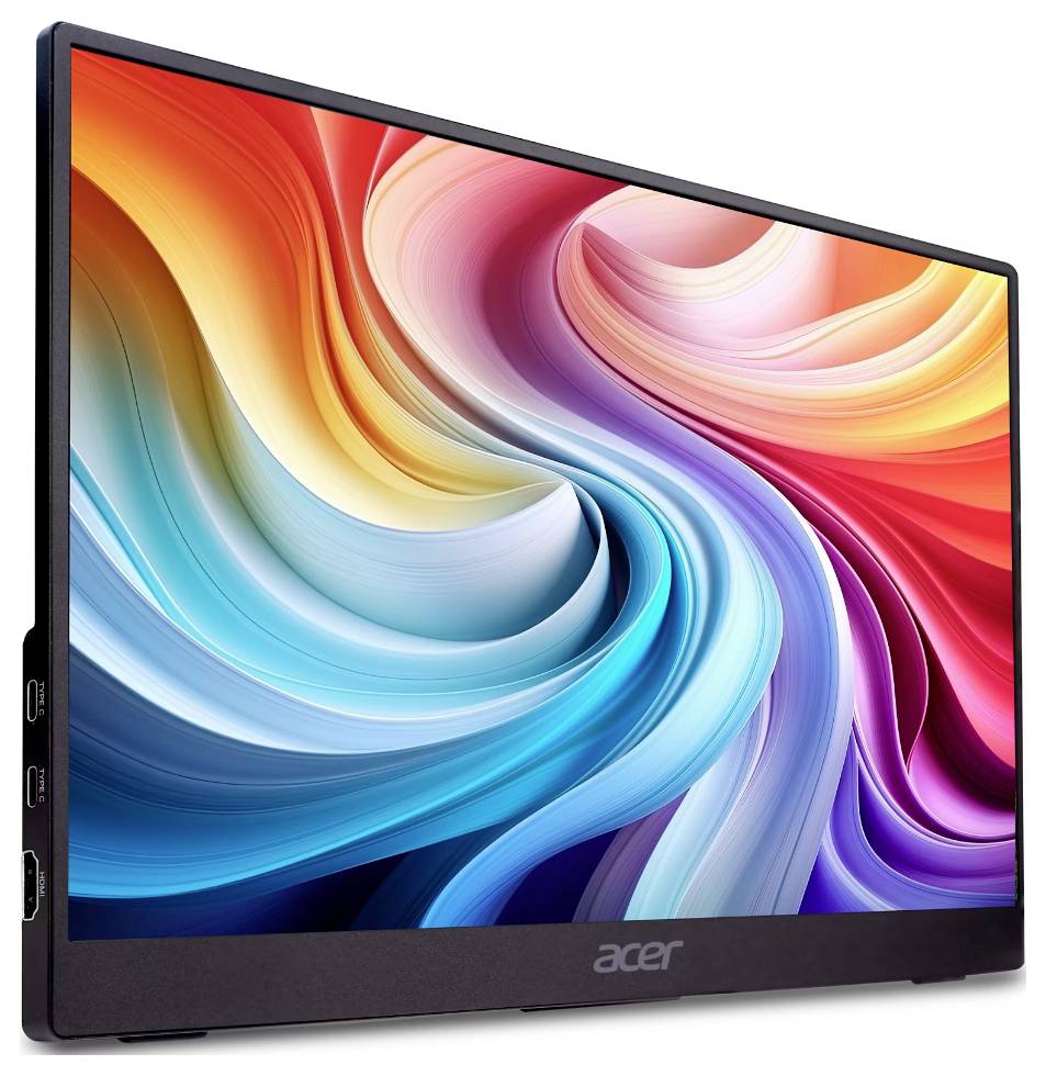 Monitor Acer zobrazující abstraktní obraz s živými spirálovitými barvami, včetně červené, modré a oranžové, který zdůrazňuje kvalitu barevného zobrazení.