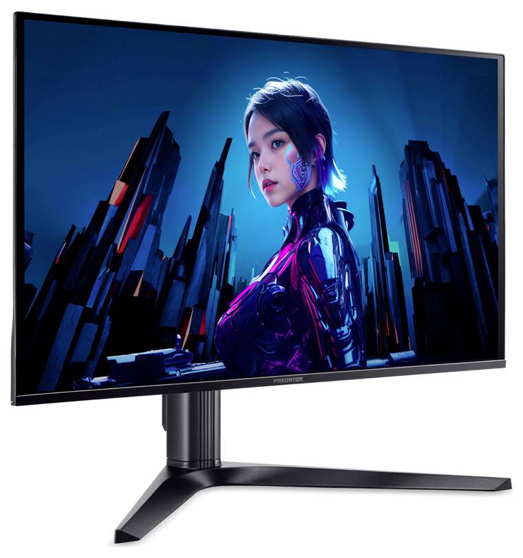 Futuristický počítačový monitor zobrazuje digitální umělecké dílo ženy s kulisou velkoměsta, které se vyznačuje živými neonovými barvami.
