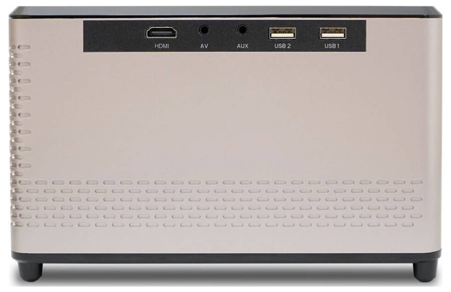Obrázek zobrazuje zadní stranu obdélníkového elektronického zařízení s porty pro HDMI, AV, AUX a dva USB sloty, s kovovým povrchem.