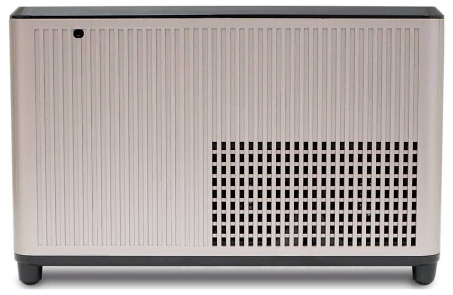 Pravoúhlý elektronický přístroj s větraným předním panelem; pravděpodobně topení nebo čistička vzduchu; jednoduchý, moderní design; světle růžová barva.