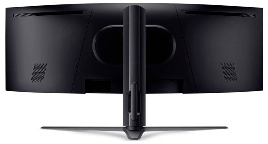 Pohled zezadu na velký zakřivený wide-screen monitor s robustní podstavou, který má větrací vzory po obou stranách pro odvod tepla, v minimalistickém designu.