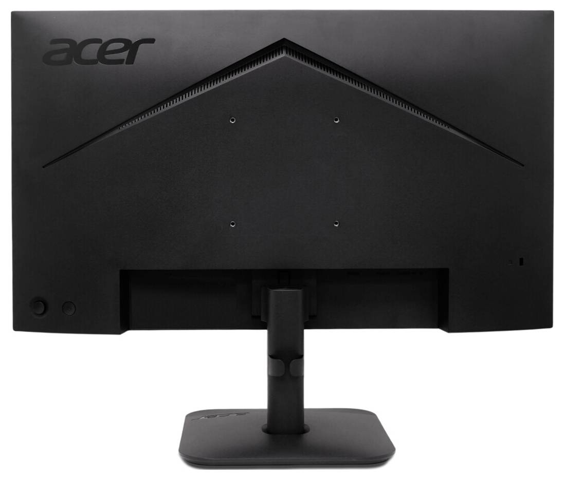 Černý počítačový monitor pohledem zezadu, vykazující elegantní, hranatý design s centrální podstavou a logem 'acer' v rohu.