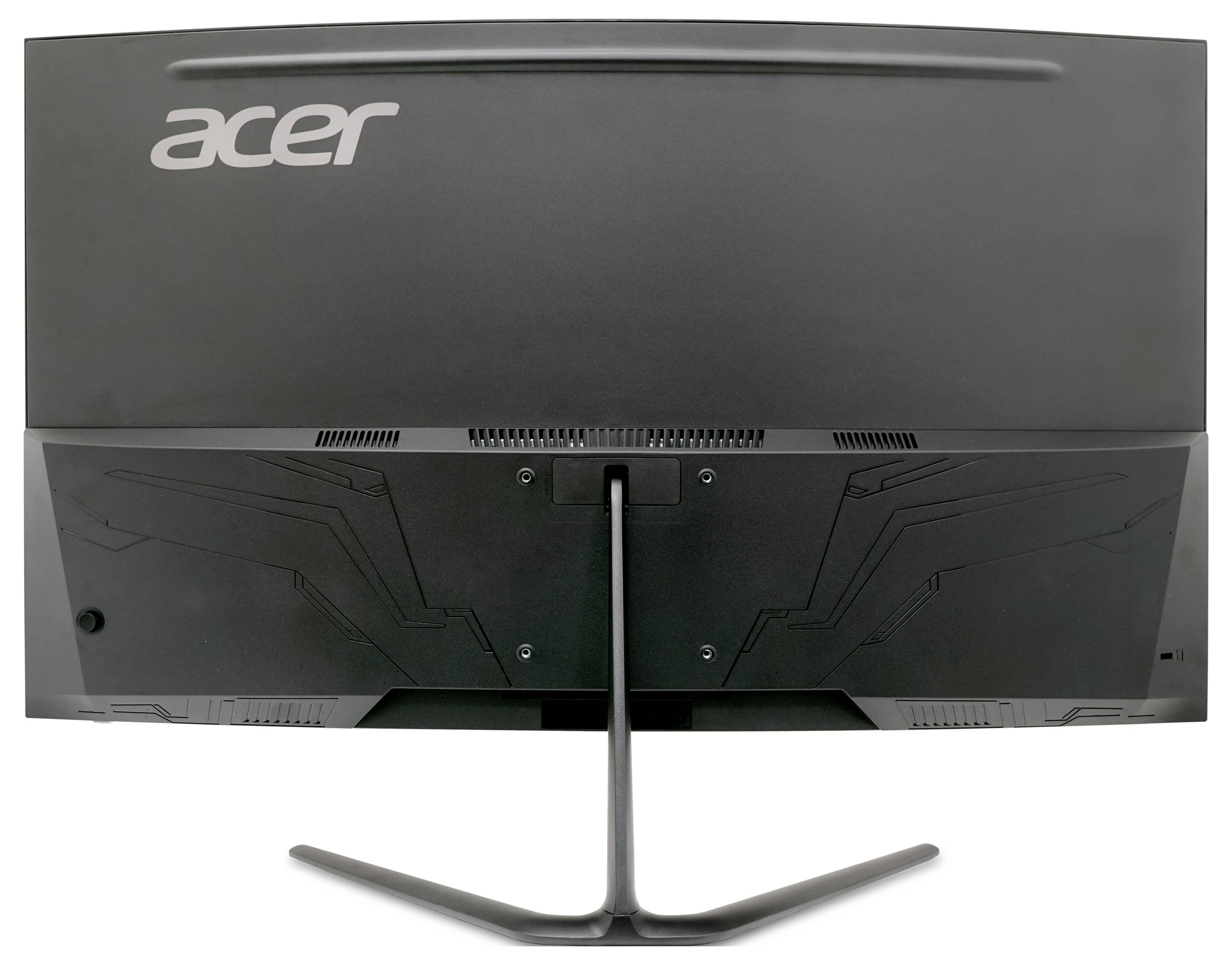 Monitor počítače s elegantním stojanem a logem 'Acer' na zadní straně, který ukazuje moderní design.