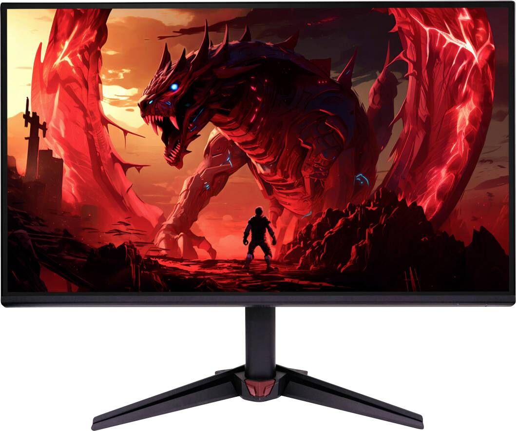 Monitor zobrazuje fantazijní scénu rudého, pancéřového draka, který čelí siluetě válečníka na ohnivé krajině.