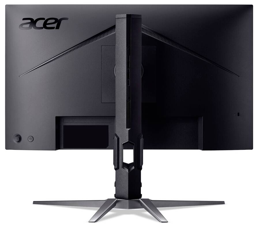 Pohled zezadu na černý počítačový monitor značky Acer s robustním stojanem a elegantním designem, který ukazuje porty a možnosti připojení.