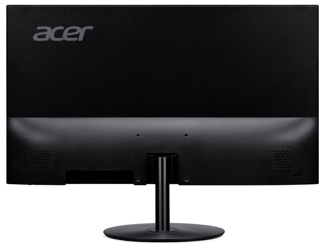 Pohled zezadu na černý počítačový monitor značky Acer, zobrazující jeho stojan a větrací mřížky.