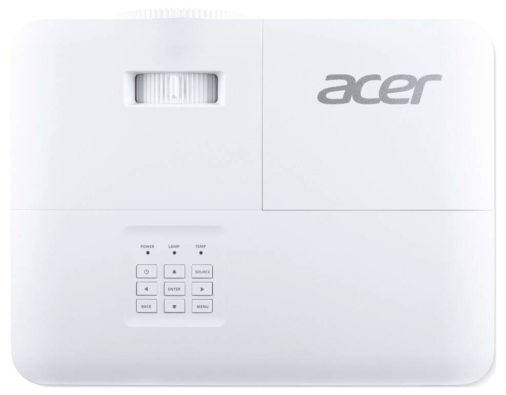 Bílý projektor Acer s horním ovládacím panelem, který obsahuje indikátory napájení, lampy a teploty, spolu s navigačními tlačítky.