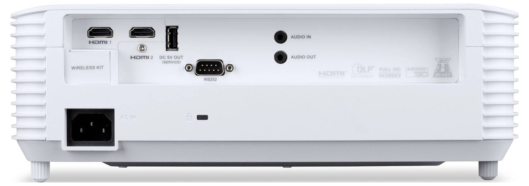 Pohled zezadu na bílý projektor zobrazující různé porty: dva HDMI, USB, RS232, audio vstup/výstup a napájecí zásuvku.