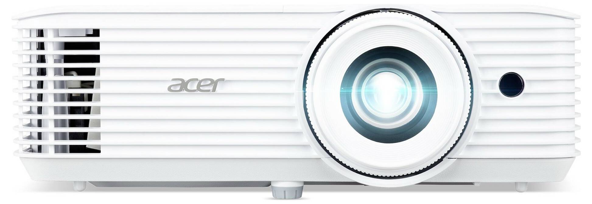 Bílý projektor Acer s osvětlenou čočkou, vhodný pro prezentace a domácí filmové systémy. Vyznačuje se pruhovaným designem s předními ventilačními otvory.