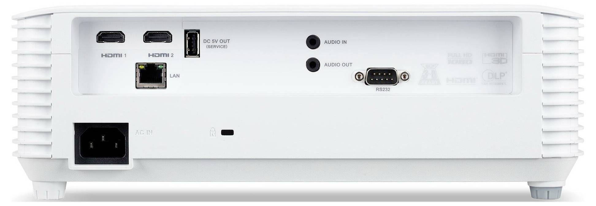Zadní pohled projektoru zobrazující připojení: dva HDMI porty, LAN port, audio vstup/výstup, RS232 port a napájecí AC vstup.
