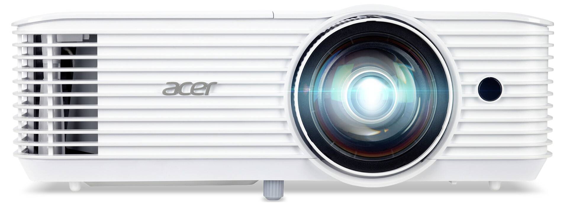 Bílý projektor Acer s osvětlenou čočkou, vhodný pro prezentace nebo domácí home cinema systémy.