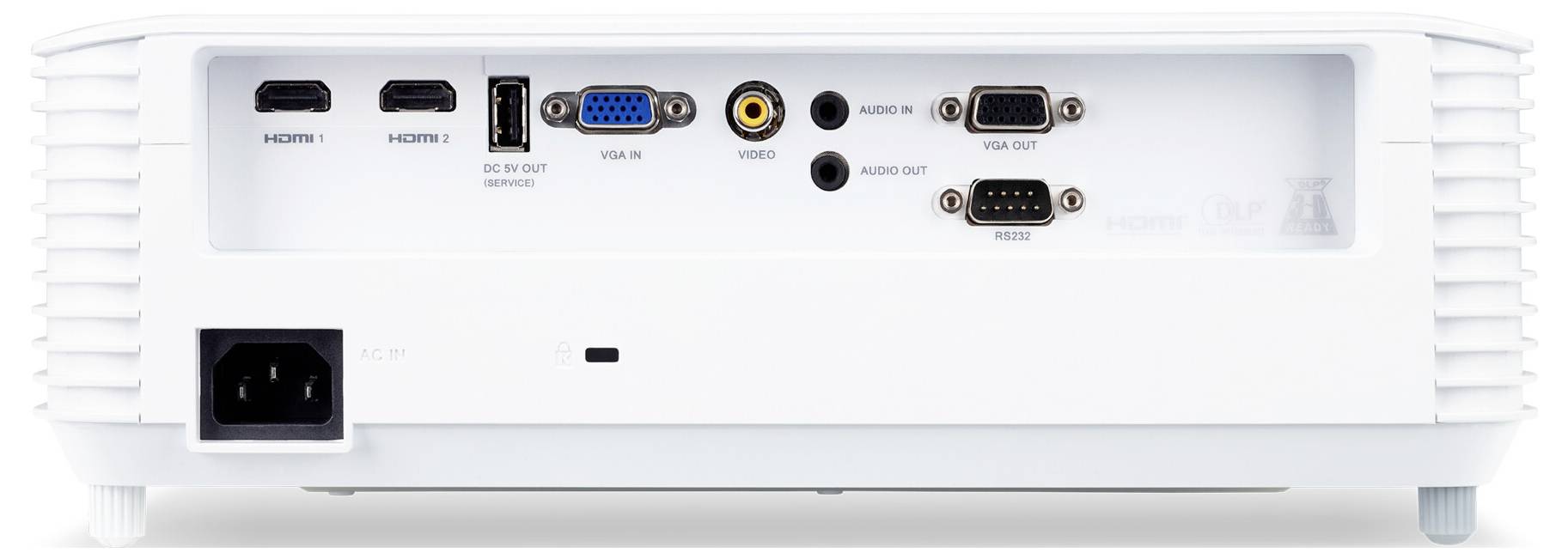 Zadní panel bílého projektoru zobrazující porty včetně HDMI, USB, VGA, videovýstupu, audio výstupu, RS232 a napájecího vstupu.