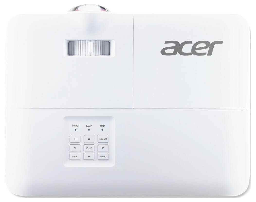 Bílý projektor Acer s ovládacími prvky pro napájení, lampu a teplotu, vybavený klávesnicí pro navigaci a nastavení.