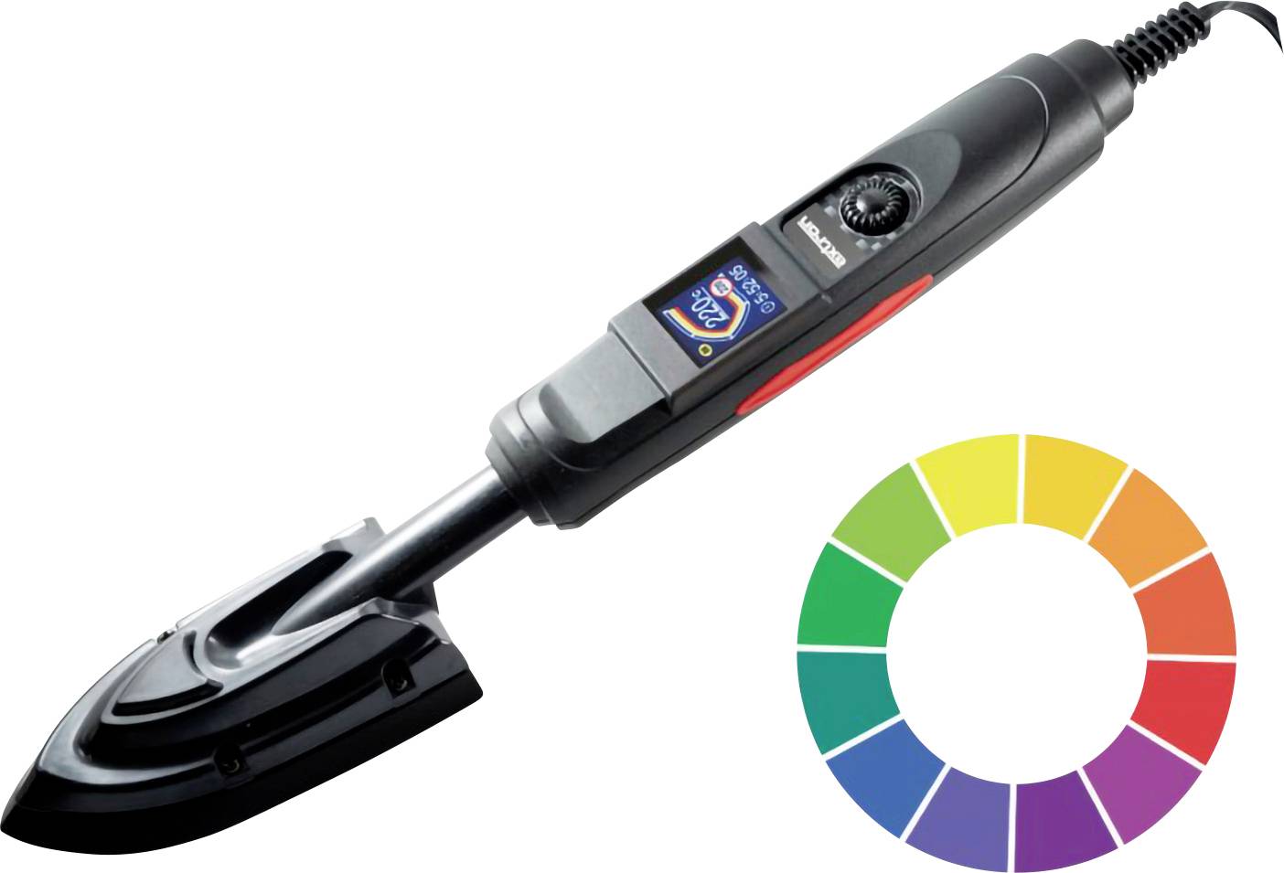 Pájecí pero s nastavitelným regulátorem teploty, které je vybaveno ergonomickou rukojetí. Vedle něj je barevný wheel zobrazující různé barevné odstíny.