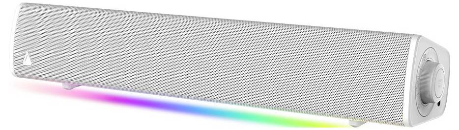 Bílý soundbar s elegantním designem má pod sebou LED světelný pásek, který zobrazuje duhový efekt.