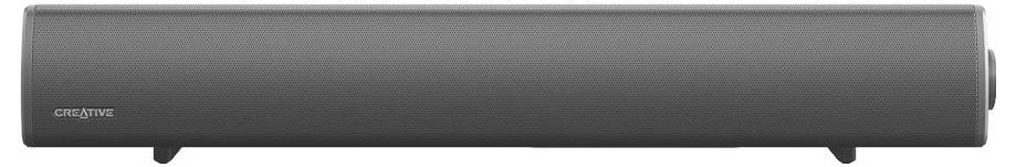 Štíhlý černý soundbar s malými nožkami po obou stranách, navržený pro zlepšení kvality zvuku.