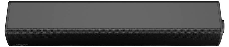 Obdélníkový černý soundbar s minimalistickým designem, který vyniká celistvým předním panelem a malým ovládacím tlačítkem na boku.