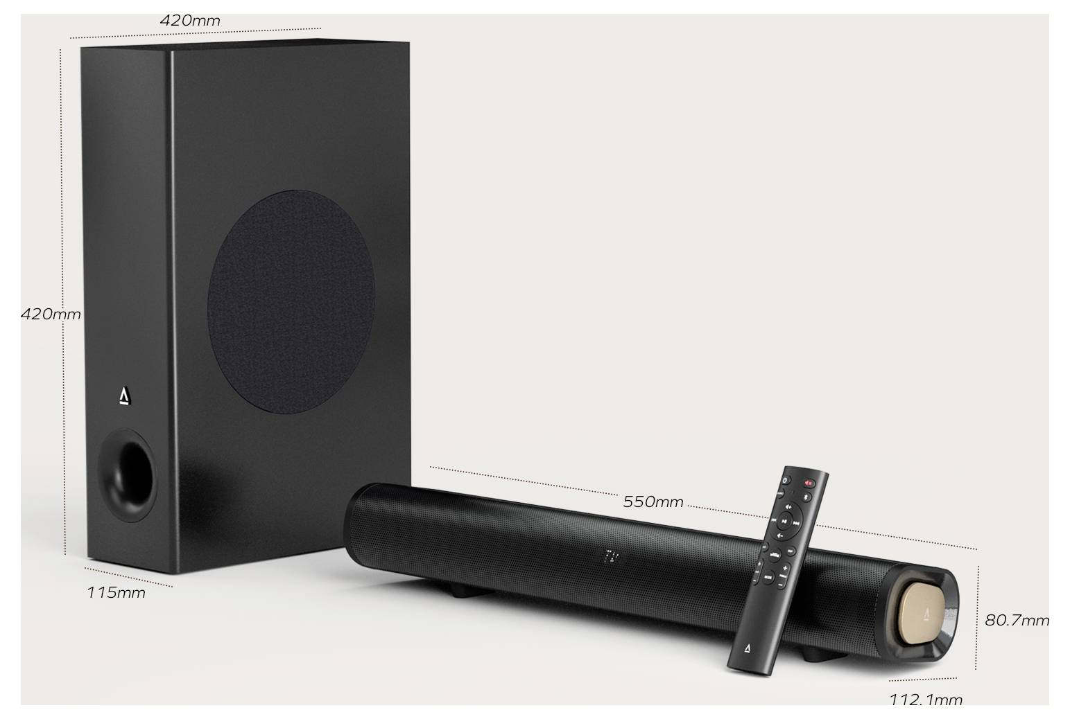Elegantní černý soundbar a subwoofer s dálkovým ovládáním jsou zobrazeny na obrázku. Soundbar měří 550 mm, subwoofer 420 mm x 115 mm.