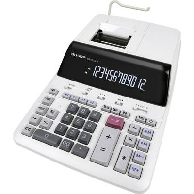 Bílá stolní kalkulačka s černým digitálním displejem zobrazuje čísla '123456789012'. Je vybavena vestavěnou papírovou páskou pro tisk.