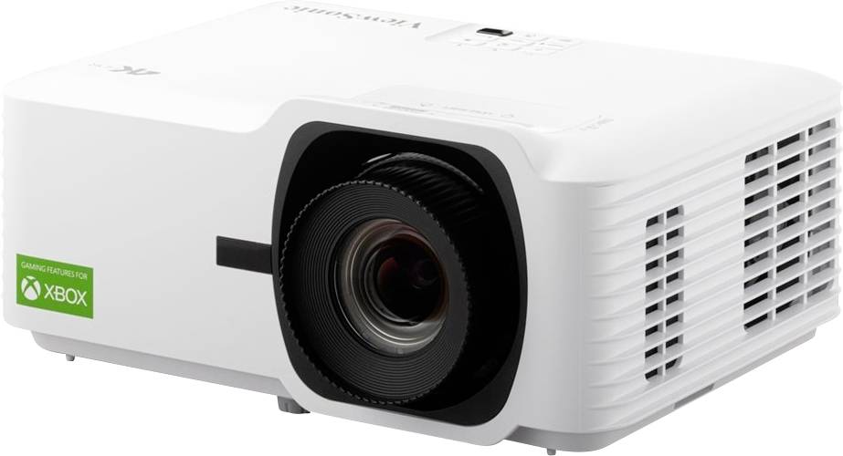 Bílý projektor s posunutou optikou, velkým předním ventilačním otvorem a logem 'Game Optimized for Xbox', které naznačuje kompatibilitu pro hraní her.
