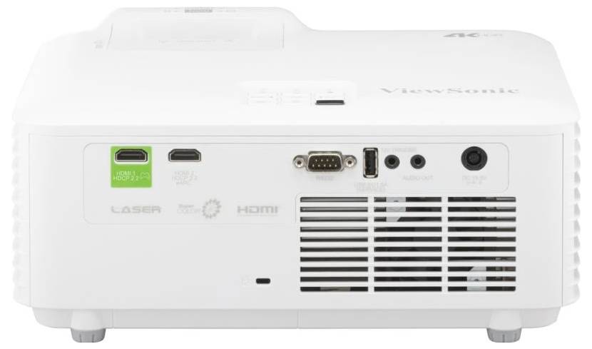 Pohled zezadu na projektor ViewSonic ukazující různé porty včetně HDMI, USB-C, VGA, audio jacku a napájecího vstupu.