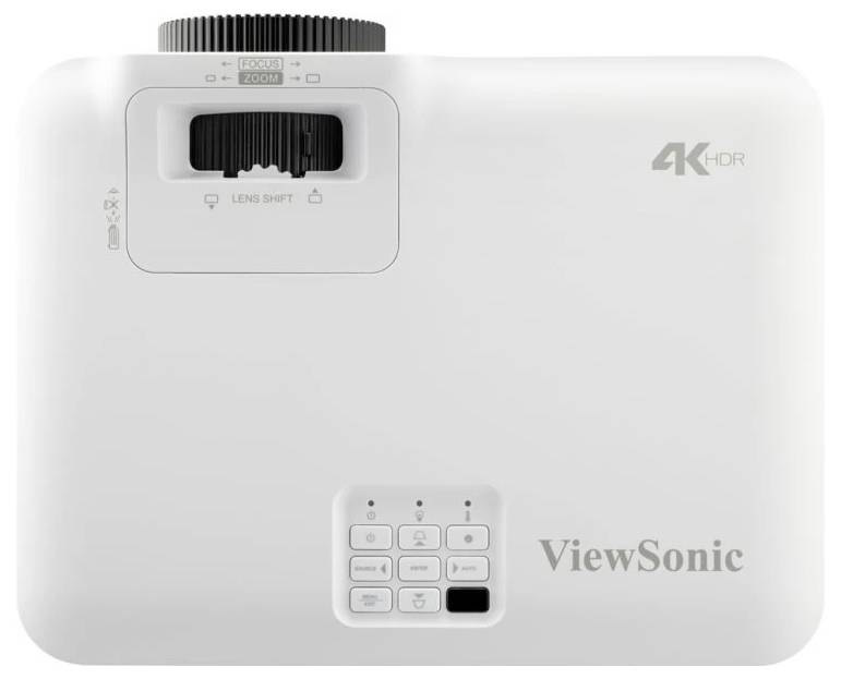 ViewSonic 4K HDR projektor, pohled shora ukazující objektiv, ovládací tlačítka a logo 'ViewSonic'. Bílé tělo s panelem pro zoom a posunutí objektivu.