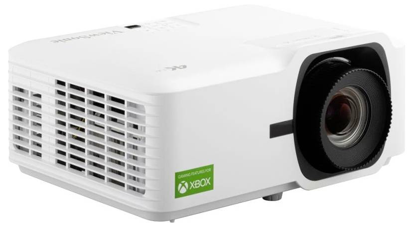 Bílý projektor s černou čočkou, označený zeleným logem Xbox, určený pro herní projekce.