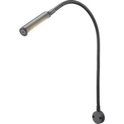 Flexibilní čtecí lampa s husím krkem, kruhovou podstavou a dotykově citlivým vypínačem v hlavici.