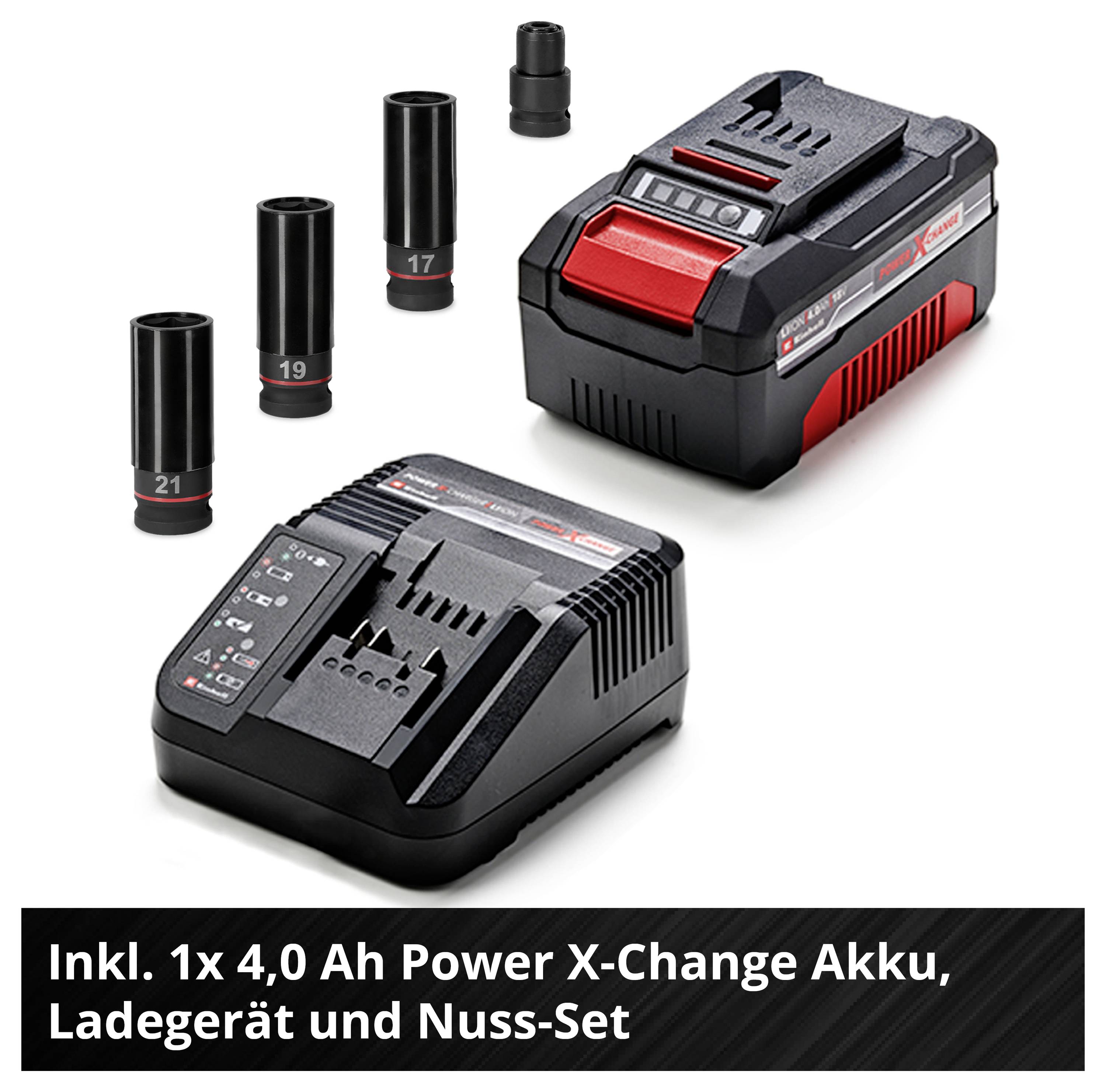 Nabíječka, akumulátor Power X-Change 4,0 Ah a tři nástrčné klíče v různých velikostech. Včetně sady nástrčných klíčů.