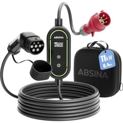 Nabíjecí kabel pro elektrické vozidlo s černými konektory a řídicím modulem, stočený vedle měkké přenosné tašky označené '11kW 6.4m'.