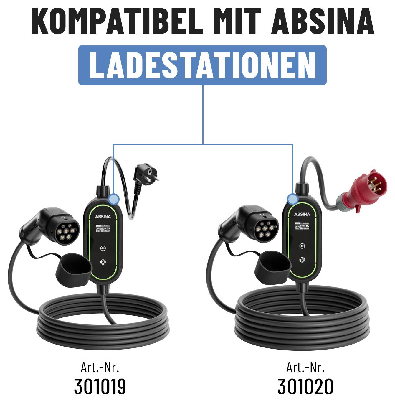 Kompatibilní s nabíjecími stanicemi Absina se zobrazují dva nabíjecí kabely s čísly produktů 301019 a 301020.
