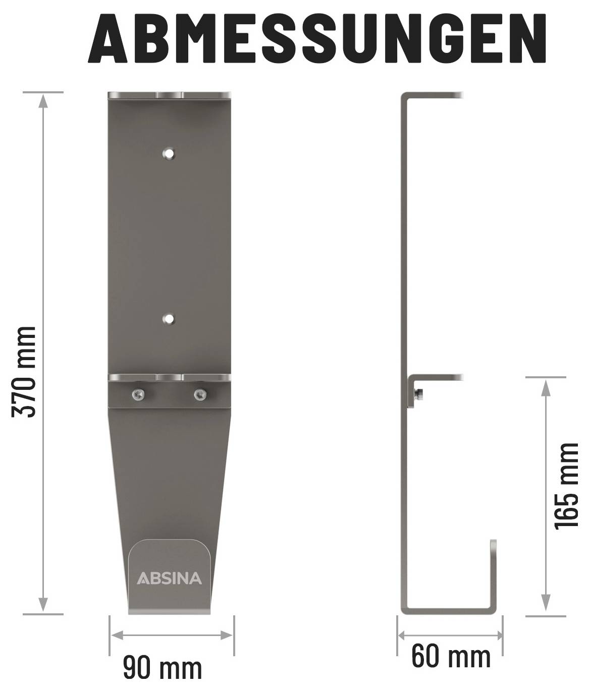 'Rozměry' ilustrace znázorňující konzoli s rozměry: 370 mm výška, 90 mm šířka pohled zepředu, 165 mm výška, 60 mm šířka pohled z boku.