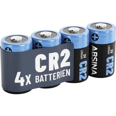 Čtyři lithiové baterie CR2 v modrém balení s potiskem '4x Batterien' a '3V Lithium CR2'.