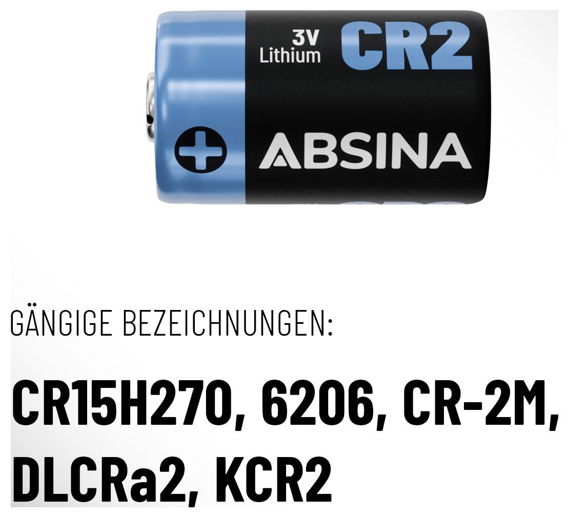 Lithiová baterie CR2 značky Absina, 3V. Běžné označení: CR15H270, 6206, CR-2M, DLCRa2, KCR2.
