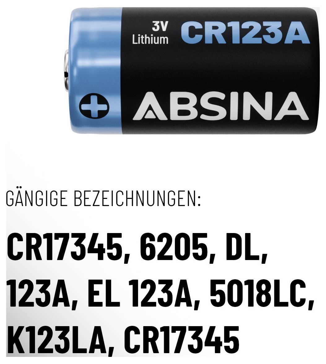 CR123A lithiová baterie 3V. Značka: ABSINA. Běžné označení: CR17345, 6205, DL, 123A, EL 123A, 5018LC, K123LA, CR17345.